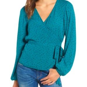 NWOT Billabong long sleeve Wrap top teal polka dot rayon